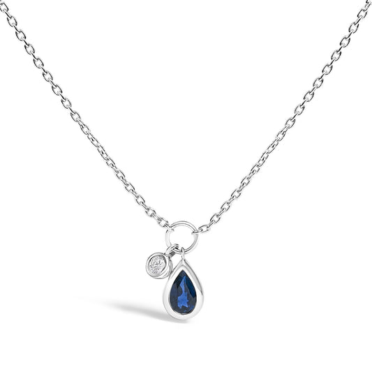 10K White Gold 6x4 mm Pear Blue Sapphire and Diamond  Accent Charm Pendant Necklace - 18" Inches