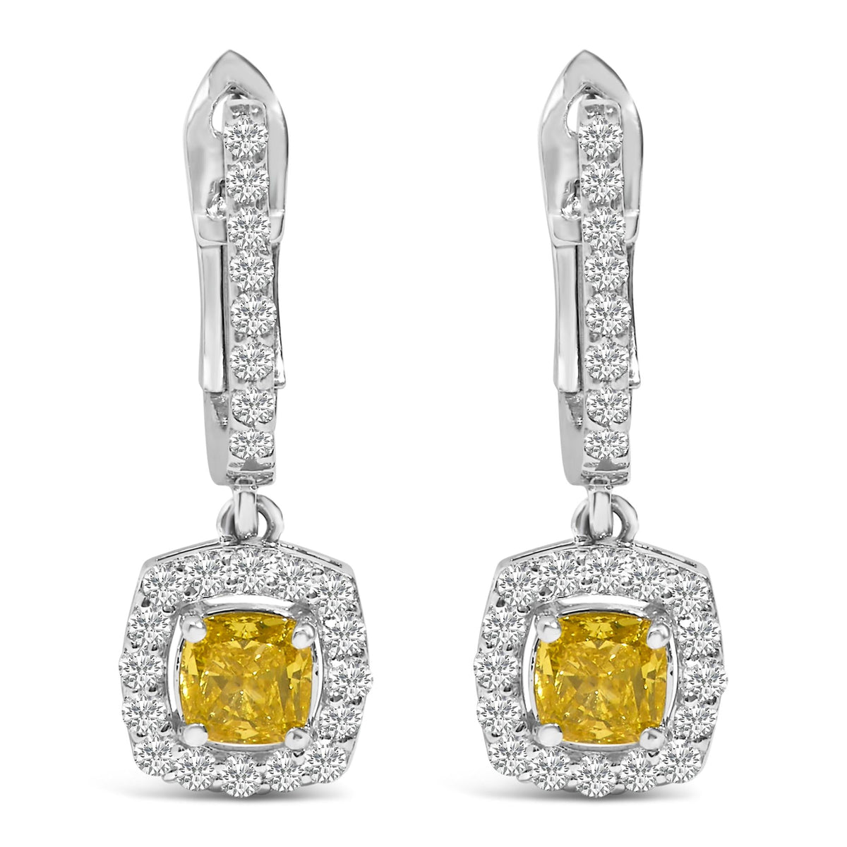 14K White Gold 1 1/5 Cttw Yellow Lab Grown Diamond Halo Drop and Dangle Earrings