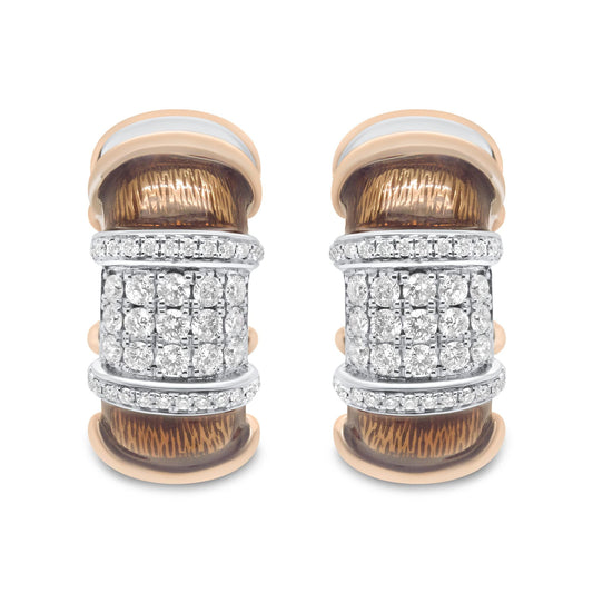 18K White and Rose Gold Flash Plated .925 Sterling Silver Clear Brown Enamel 1/6 Cttw Round Diamond Huggie Hoop Earrings (F-G Color, VS1-VS2 Clarity)
