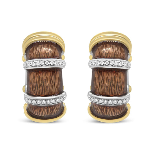 18K Yellow and White Gold Flash Plated .925 Sterling Silver Clear Brown Enamel 9/10 Cttw Round Diamonds Huggie Hoop Earrings (F-G Color, VS1-VS2 Clarity)