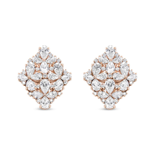 18K Rose Gold 8 1/3 Cttw Pear and Round Diamond Floral Cluster Omega Earrings (F-G Color, VS1-VS2 Clarity)
