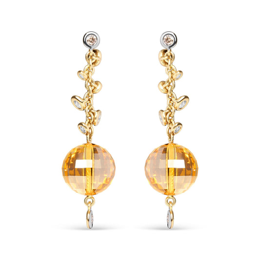 18K Yellow Gold 2/3 Cttw Round Bezel Diamond and 25mm Ball Shaped Yellow Citrine Gemstone Dangle Stud Earring (Brown and G-H Color, SI1-SI2 Clarity)