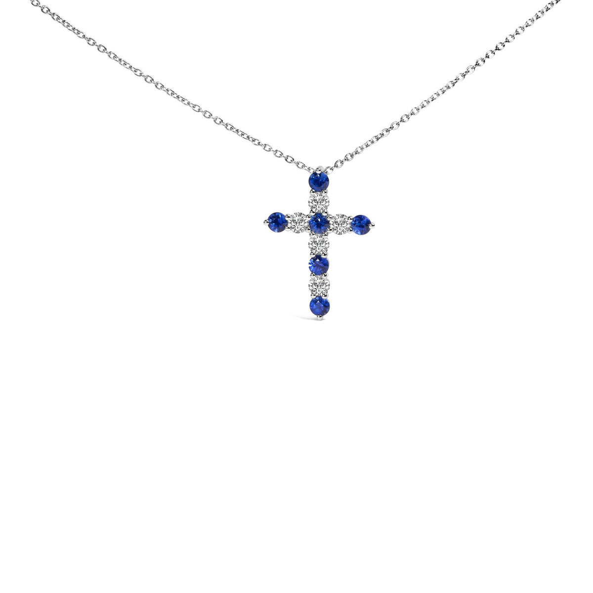 18K White Gold 1.0 Cttw Diamond and 3.5 MM Round Blue Sapphire 11 Stone Cross 18" Pendant Necklace (F-G Color, VS2-SI1 Clarity)