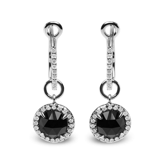 18K White Gold 1/3 Cttw Diamond and 7mm Round Black Onyx Gemstone Halo Dangle Hoop Earrings (G-H Color, SI1-SI2 Clarity)