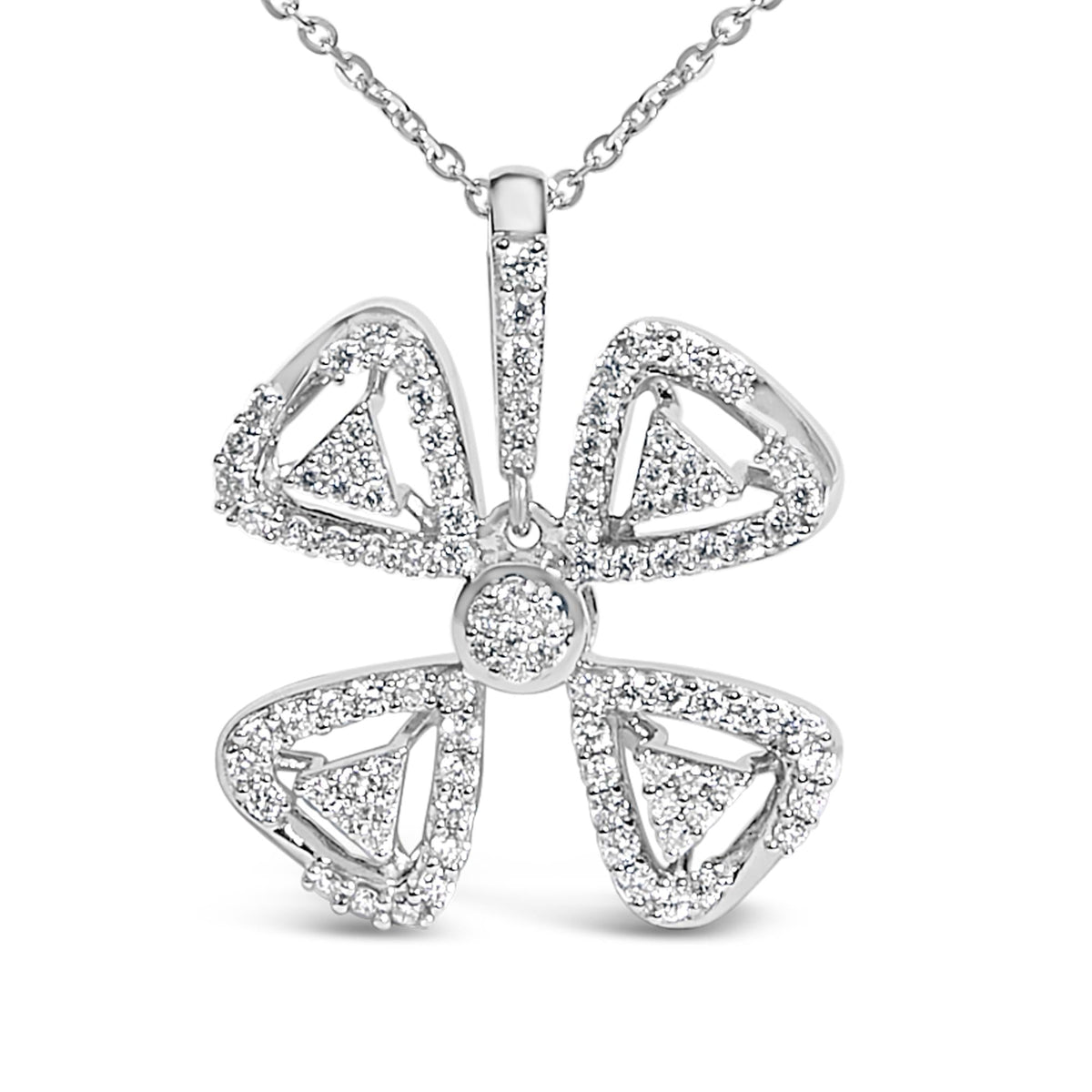 14K White Gold 5/8 Cttw Diamond 4 Leaf Floral Pendant Necklace (H-I Color, I1-I2 Clarity) - 18" Inches