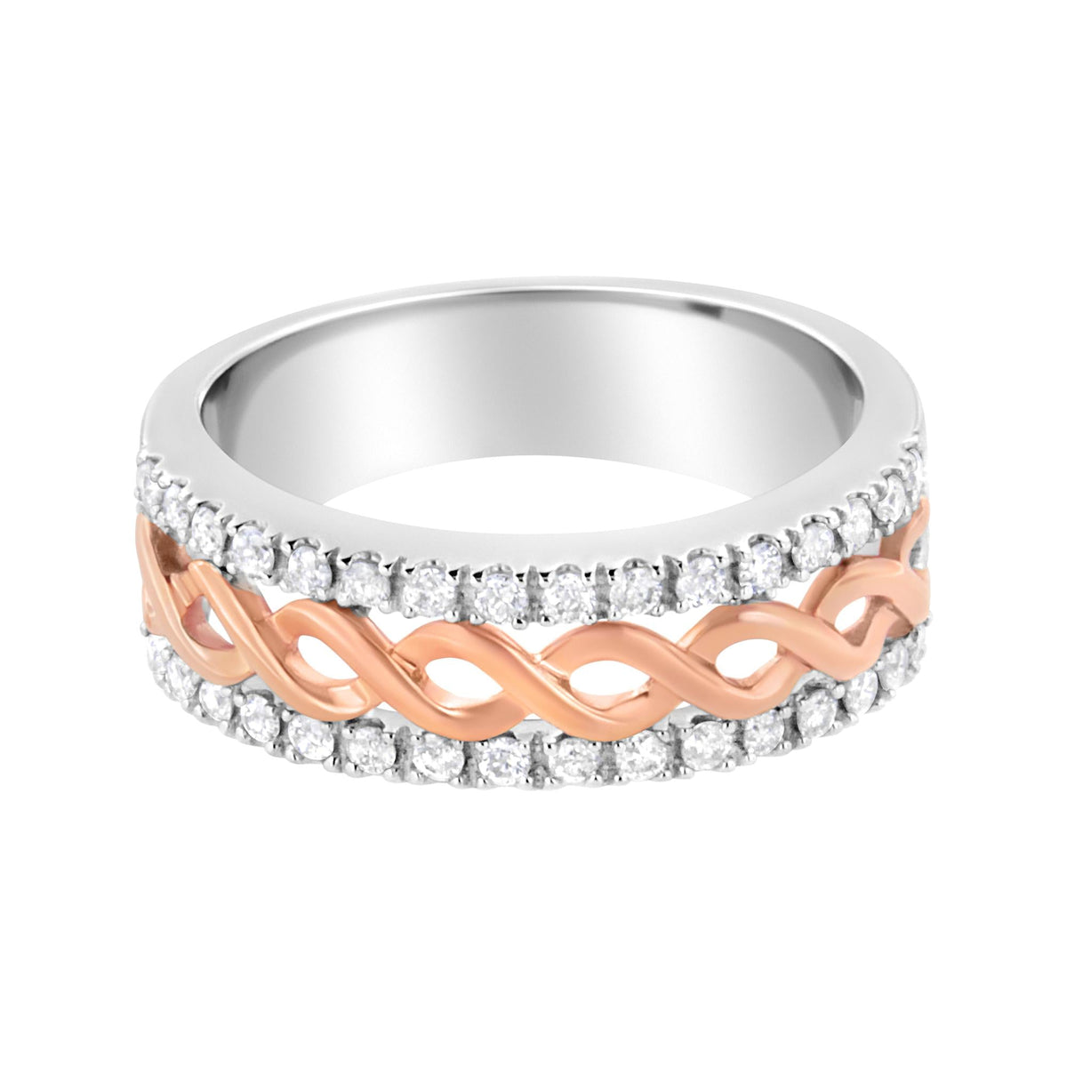 10K White and Rose Gold 1/3 Cttw Diamond Split Shank and Infinity Ribbon Band Ring (I-J Color, I1-I2 Clarity) - JackiEaslick
