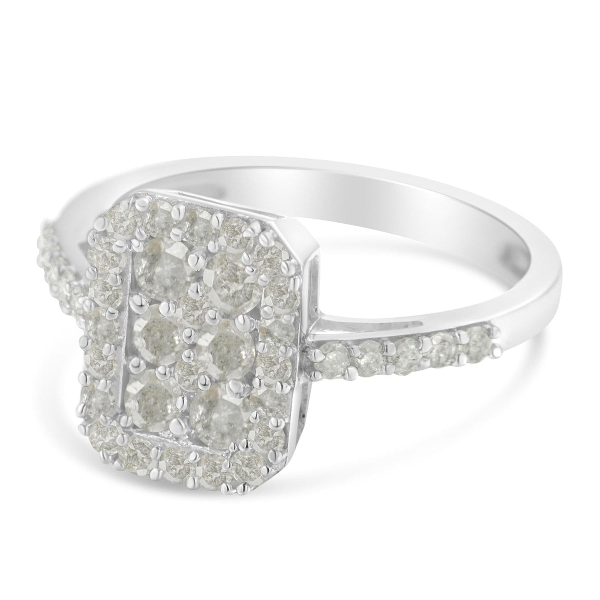 .925 Sterling Silver 1.0 Cttw Diamond Emerald-Shaped Cluster with Halo Cathedral Style Cocktail Ring (I-J Color, I3 Clarity) - JackiEaslick