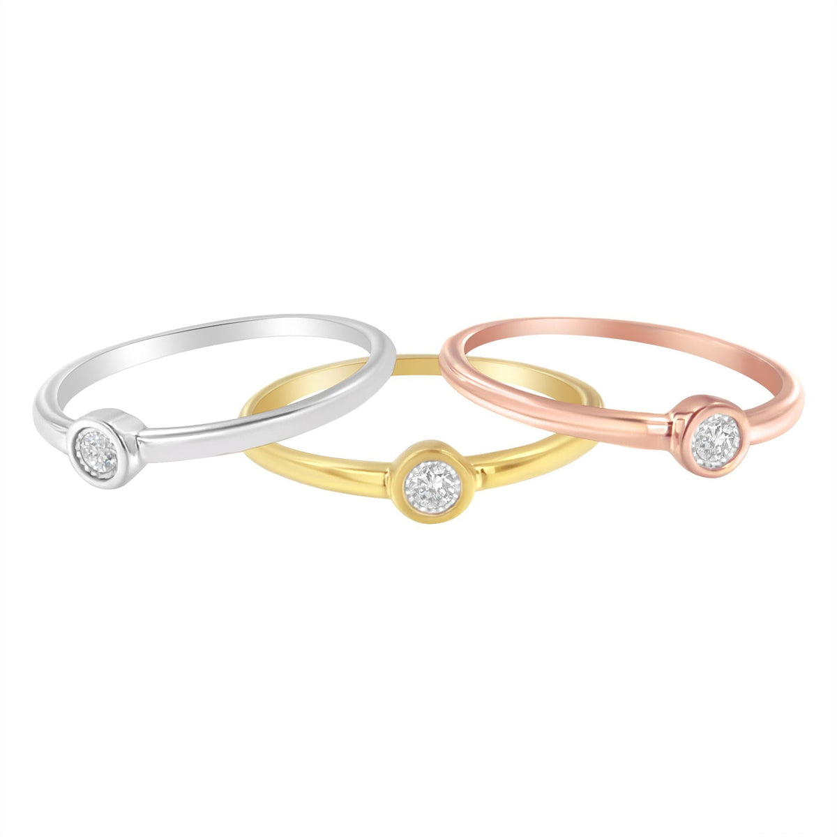 Tri-Color 14K Gold Plated .925 Sterling Silver 1/6 Cttw Round Miracle-Set Diamond Stacking Promise Ring Set (J-K Color, I1-I2 Clarity) - JackiEaslick