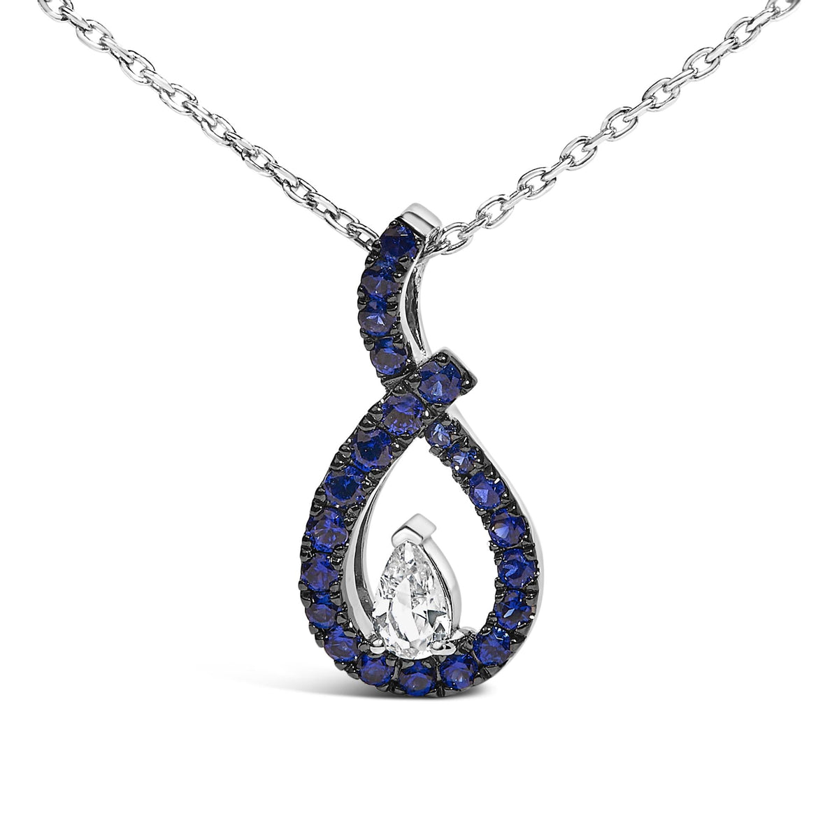 .925 Sterling Silver Created Blue and White Sapphire Teardrop Shaped Pendant Necklace - 18" Inches
