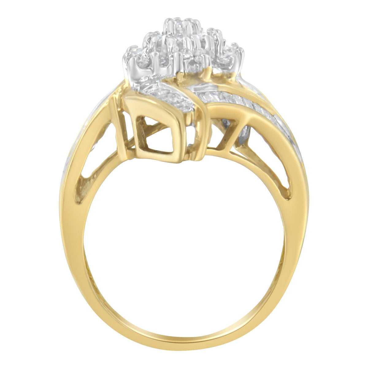 10K Yellow Gold Round and Baguette-Cut Diamond Bypass Cluster Ring (1.0 Cttw, I-J Color, I1-I2 Clarity) - JackiEaslick