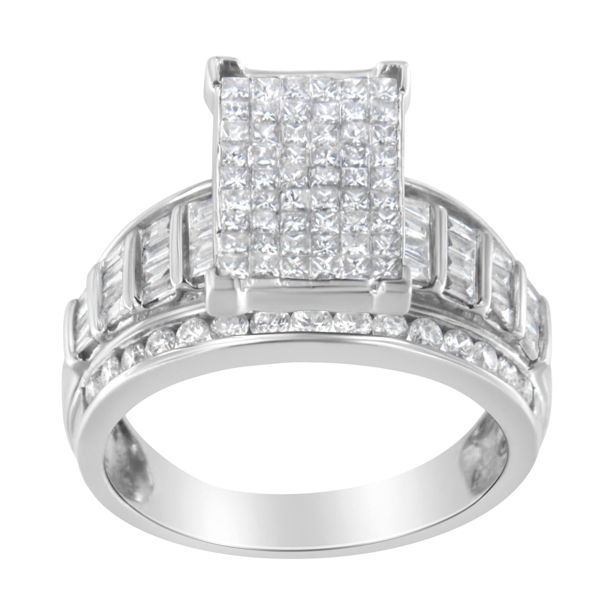 14K White Gold 2.0 Cttw Mixed-Cut Diamond Rectangle Invisible-Set Composite Cluster Ring with Bar- and Channel-Set Band (H-I Color, SI2-I1 Clarity) - JackiEaslick