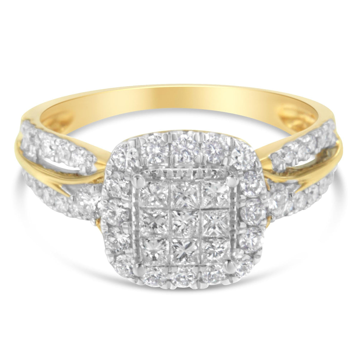 10K Yellow Gold 1.0 Cttw Diamond Composite Cushion-Shape Halo 3-Band-Look Engagement Ring (H-I Color, SI1-SI2 Clarity) - JackiEaslick
