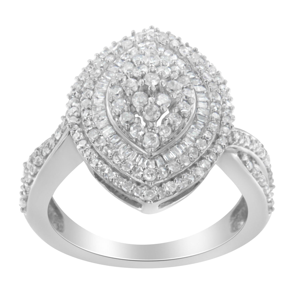 .925 Sterling Silver 1.0 Cttw Round & Baguette-Cut Diamond Marquise-Shaped Cluster Triple Stepped Halo Cocktail Fashion Ring (I-J Color, I2-I3 Clarity) - JackiEaslick
