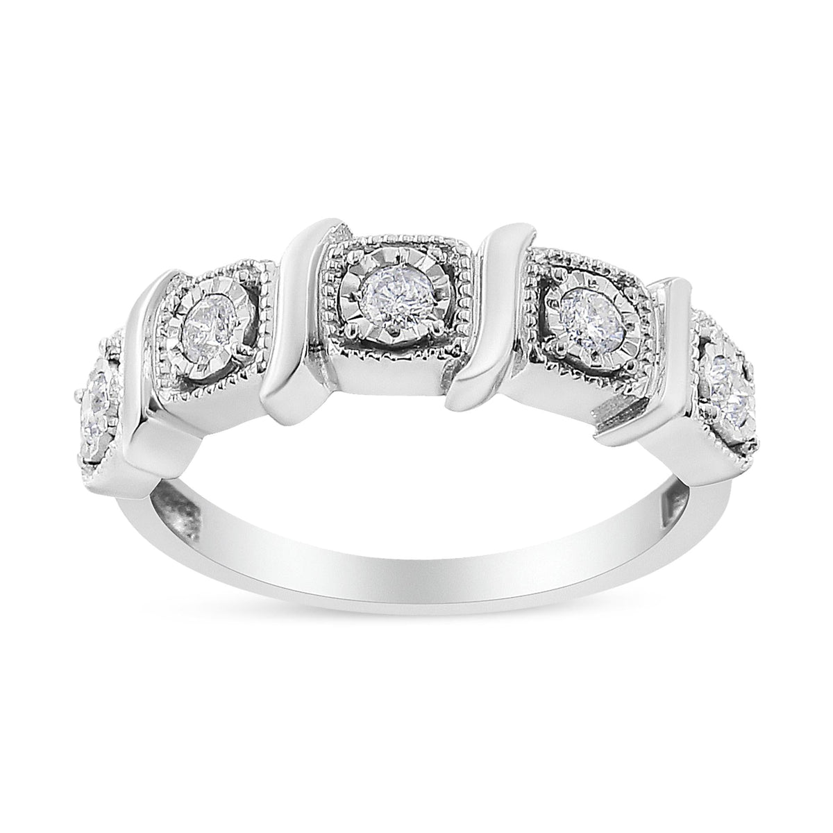 .925 Sterling Silver 1/4 Cttw Miracle Set Diamond 5-Stone Swirl Band Ring (I-J Color, I1-I2 Clarity) - JackiEaslick