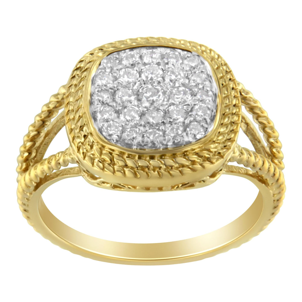 10K Yellow Gold Plated .925 Sterling Silver 1/2 Cttw Diamond Square Cushion Cluster Split Shank Cocktail Ring (J-K Color, I2-I3 Clarity)