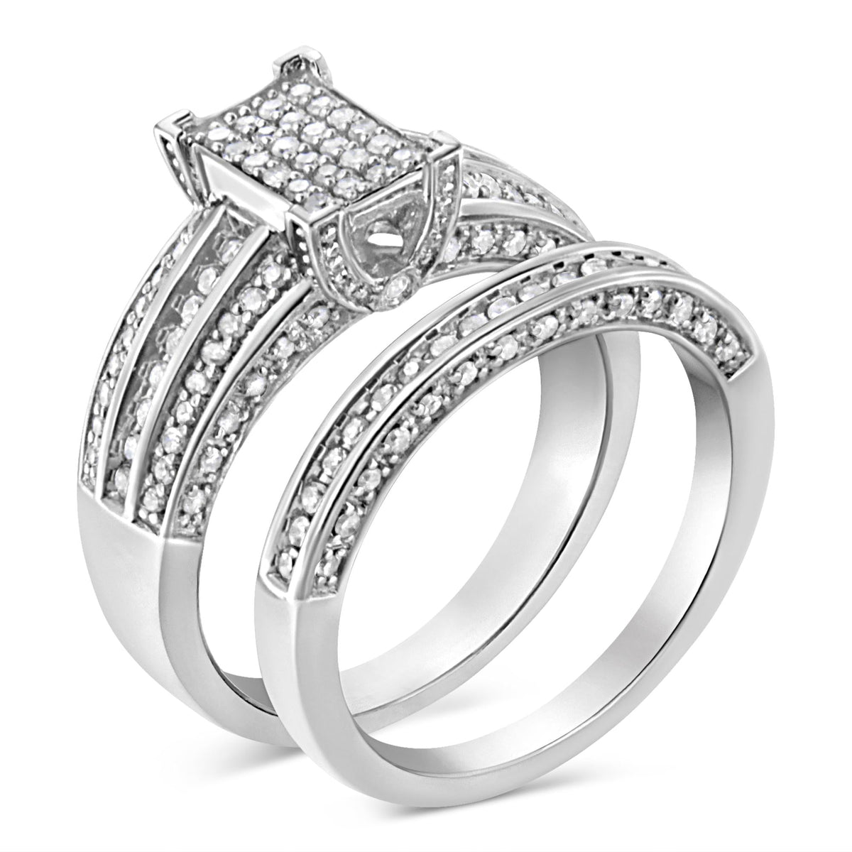 .925 Sterling Silver 3/4 Cttw Prong Set Round Diamond Composite Engagement Ring and Band Set (I-J Color, I3 Clarity) - JackiEaslick