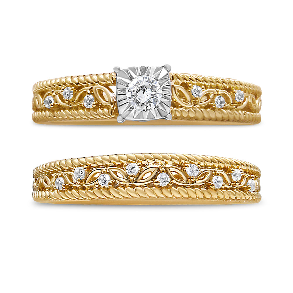 14K Yellow Gold Plated .925 Sterling Silver 1/5 Cttw Diamond Art Deco Style Engagement Ring Bridal Set (I-J Color, I3 Clarity)