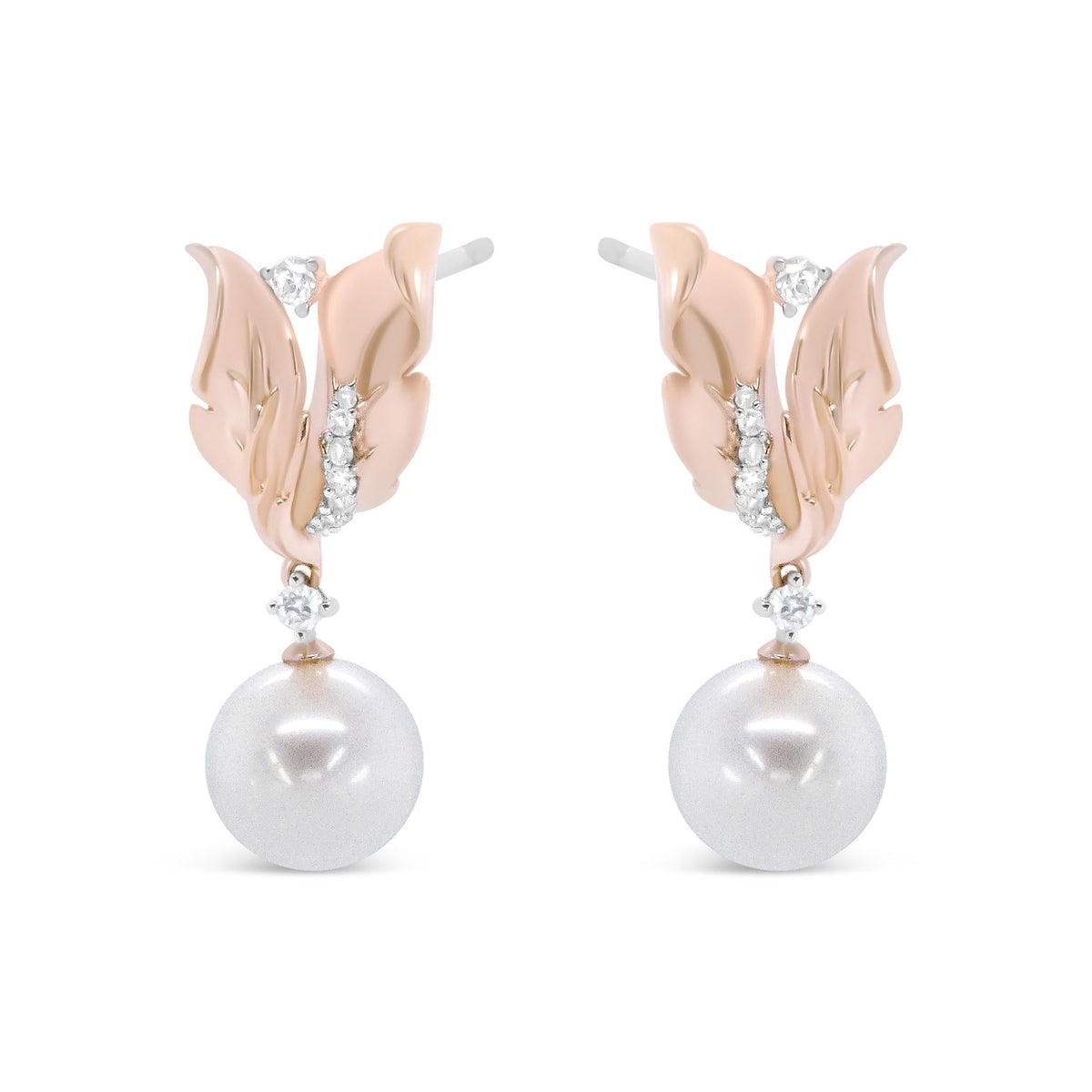 14K Rose Gold 1/6 Cttw Round Diamond and 8mm Round Pearl Floral Drop Stud Earrings (H-I Color, I1-I2 Clarity)