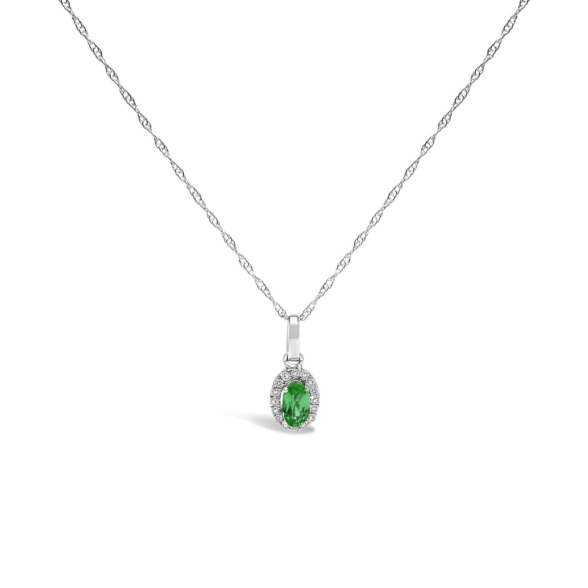 10K White Gold 5x3mm Gemstone and Diamond Accent Halo Oval Shape 18" Pendant Necklace (I-J Color, I1-I2 Clarity)