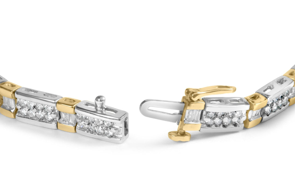 14k Two-Tone 2.00 Cttw Round-Cut and Baguette-Cut Diamond Bar Link 7" Bracelet (I-J Color, SI2-I1 Clarity)