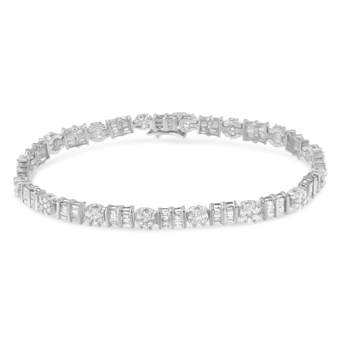 14K Gold 3-3/8 Cttw Round & Baguette-Cut Diamond Cluster Alternating Station 7" Tennis Bracelet (H-I Color, I1-I2 Clarity)