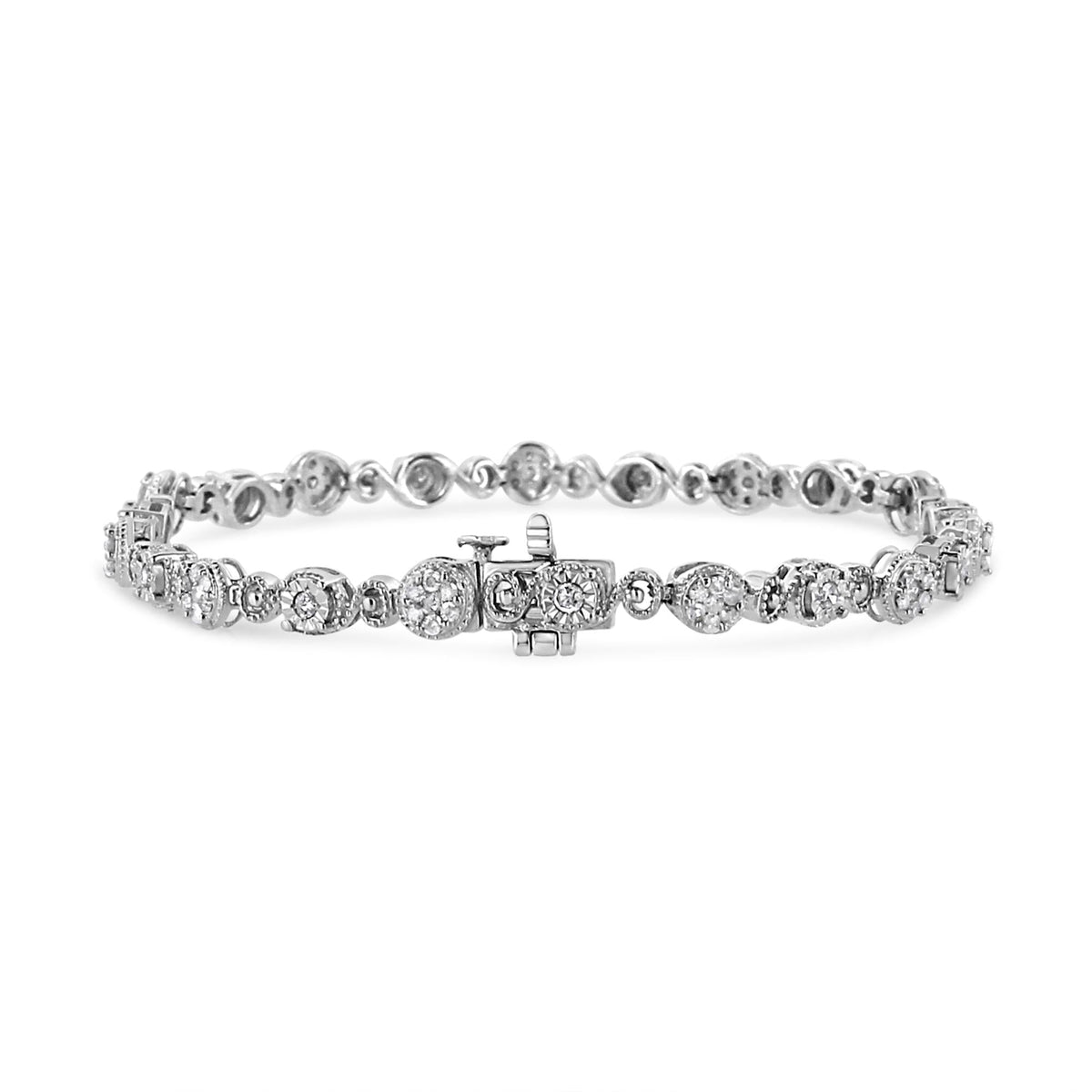 .925 Sterling Silver 1.0 Cttw Diamond Swirl Beaded Link Bracelet (I-J Color, I3-Promo Clarity) - 7.25" Inches - JackiEaslick