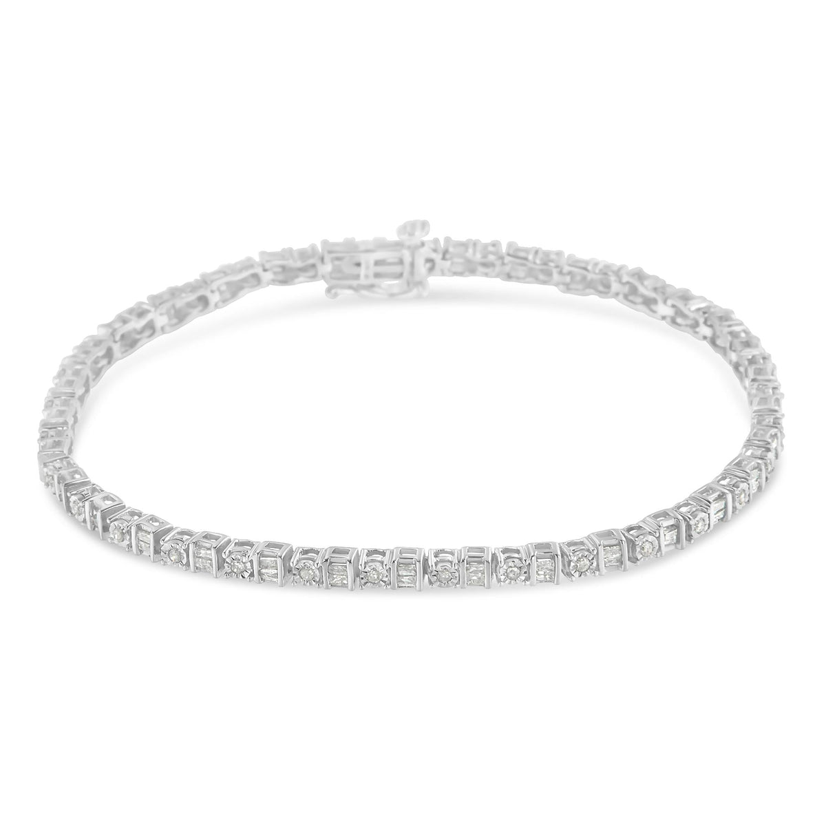 10K White Gold 1.0 Cttw Baguette & Round Diamond Alternating Link Tennis Bracelet (I-J Color, I2-I3 Clarity) - 7” - JackiEaslick