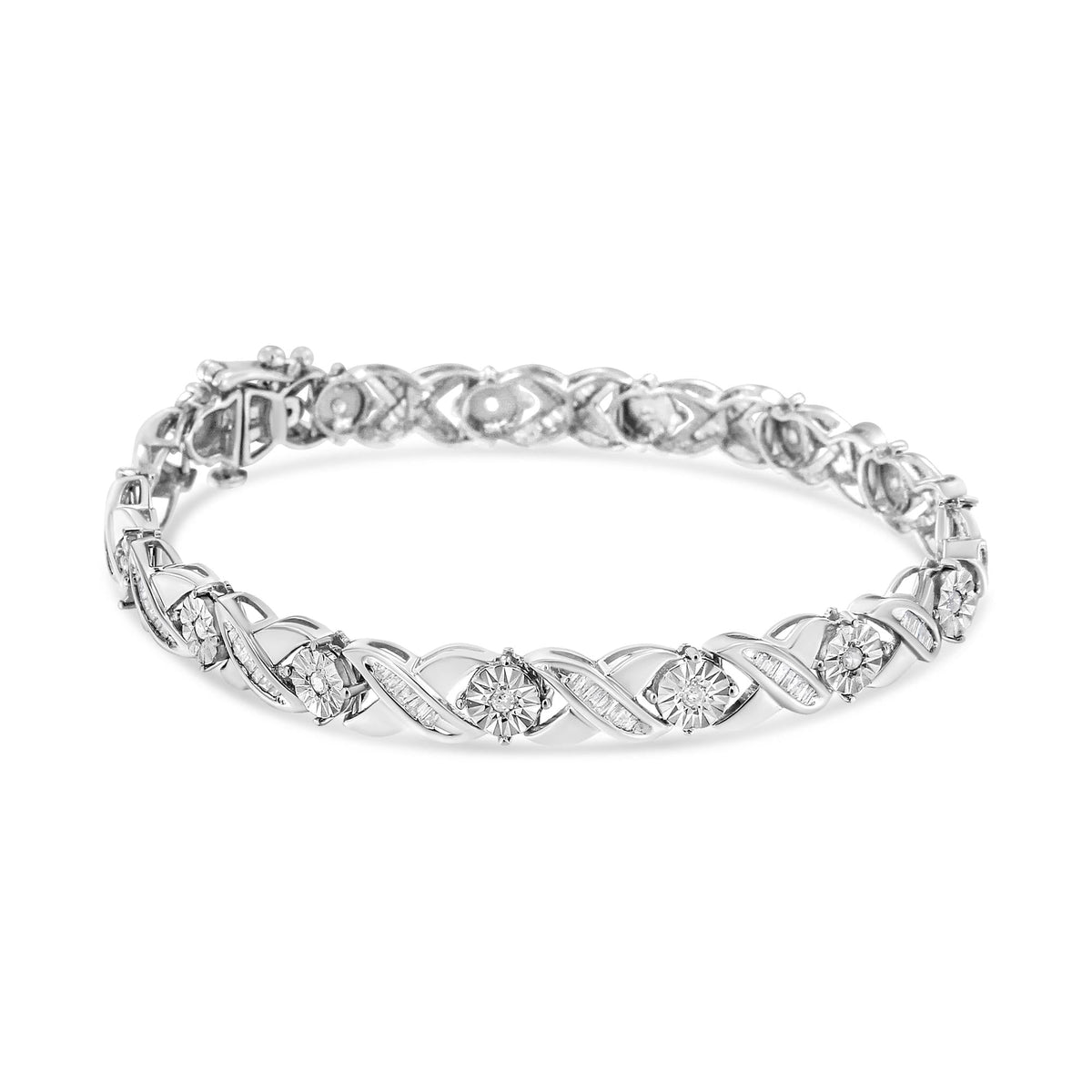 .925 Sterling Silver 1.0 Cttw Round-Brilliant and Baguette Cut Diamond Miracle-Set X-Link 7" Tennis Bracelet (I-J Color, I2-I3 Clarity) - JackiEaslick