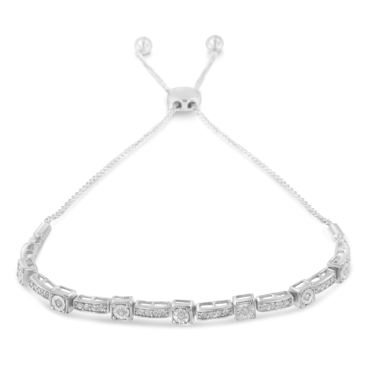 .925 Sterling Silver 1/4 Cttw Diamond 4”-10” Adjustable Bolo Alternating Square and Rectangle Bolo Bracelet (I-J Color, I3 Clarity) - JackiEaslick
