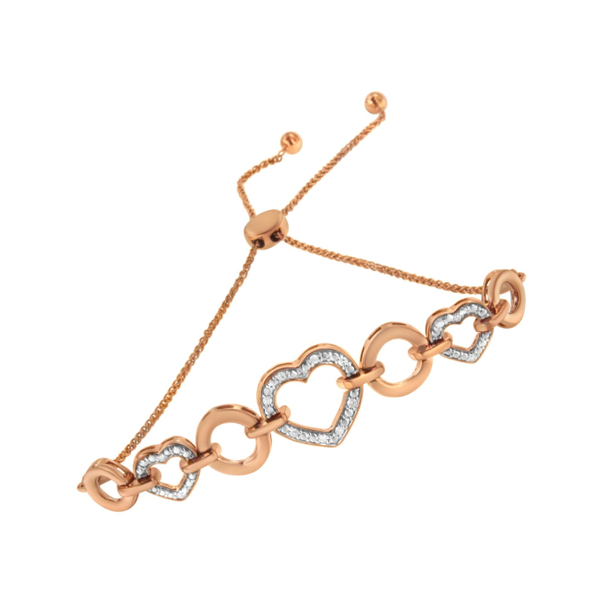 14K Rose Gold Plated .925 Sterling Silver Diamond Accent Circle and Heart Link Adjustable 6”-10” Bolo Bracelet (I-J Color, I3 Clarity) - JackiEaslick