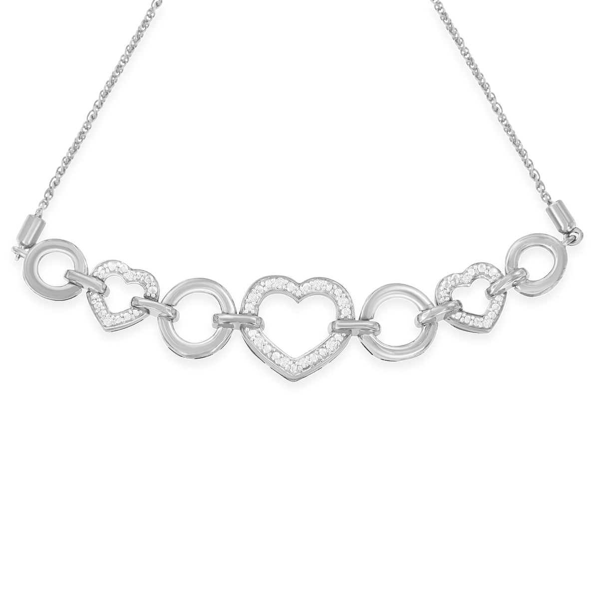 .925 Sterling Silver Diamond Accent Interlinking Triple Heart 4”-10” Adjustable Bolo Tennis Bracelet Bolo Bracelet (H-I Color, I2-I3 Clarity) - JackiEaslick
