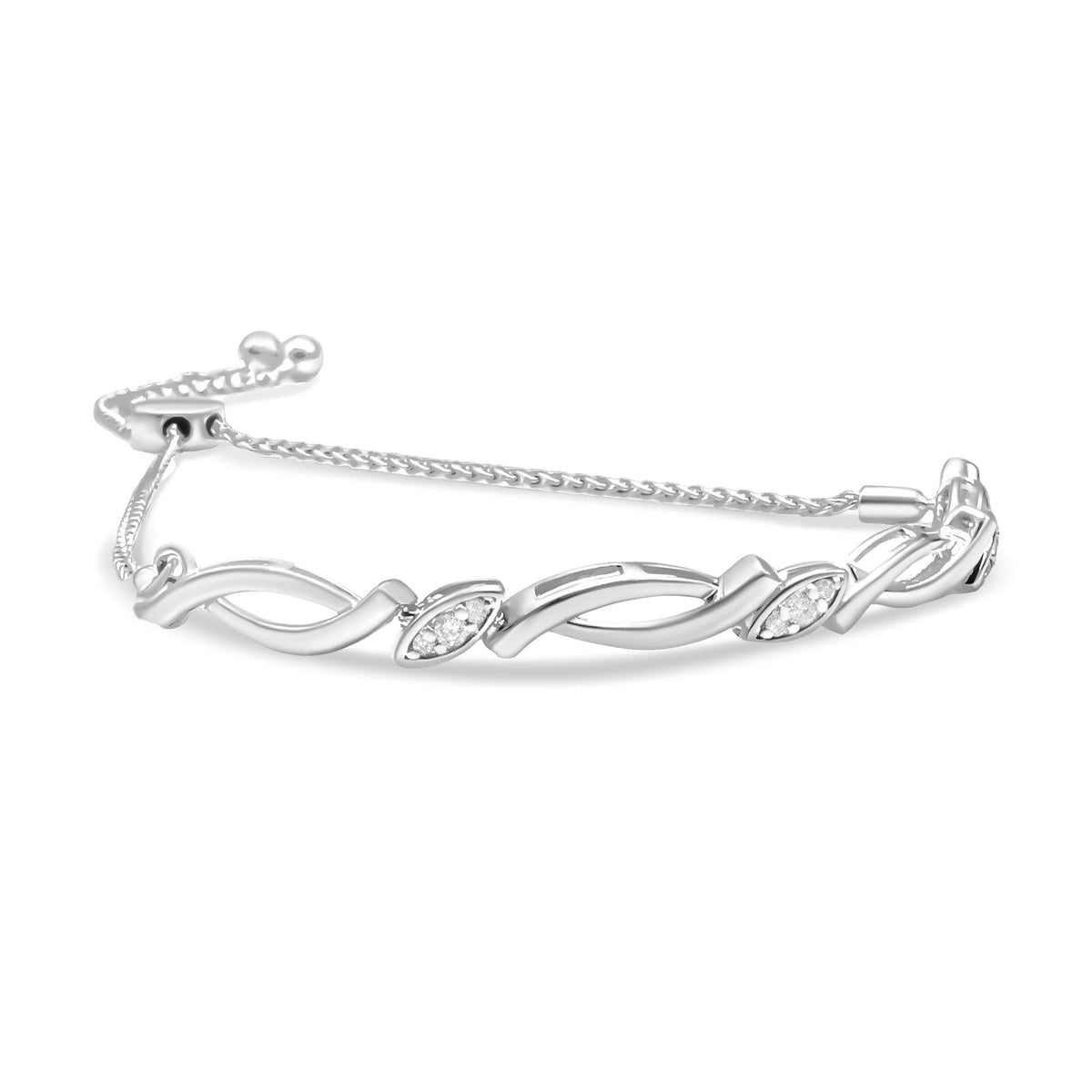 .925 Sterling Silver Diamond Accent Alternating Swirl link Bolo Bracelet (I-J Color, I2-I3 Clarity) - 6" to 9" Adjustable - JackiEaslick