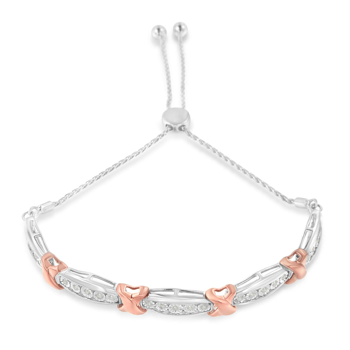 .925 Sterling Silver 1/4 Cttw Round-Cut Diamond X & Tapered Bar Miracle-Set Bolo Bracelet (I-J Color, I3 Clarity) - Two Tone Rose Gold & Silver - JackiEaslick
