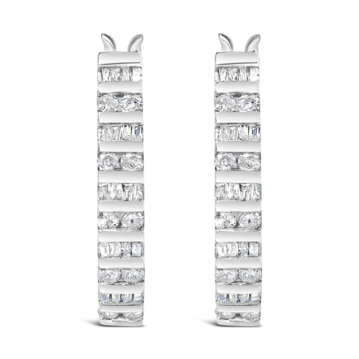 10K White Gold 1.0 Cttw Alternating  Diamond "U" Hoop Earrings (I-J Color, I2-I3 Clarity)