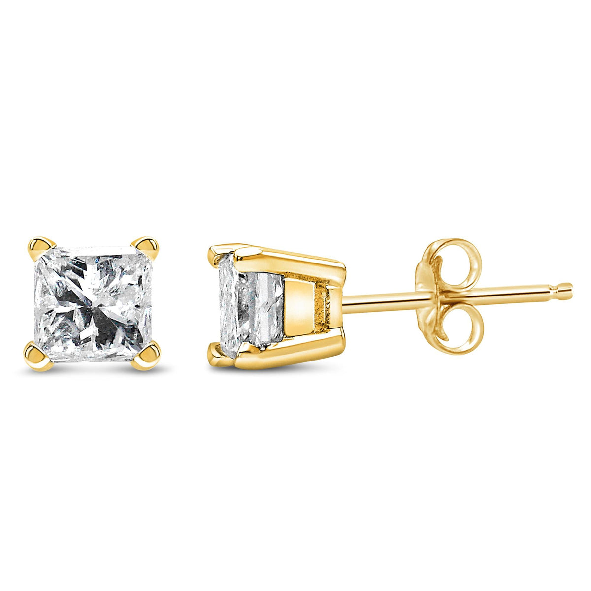 IGI Certified 14k Yellow Gold 1/2 cttw 4-Prong Set Princess-Cut Solitaire Diamond Push Back Stud Earrings (N-O Color, I1-I2 Clarity)