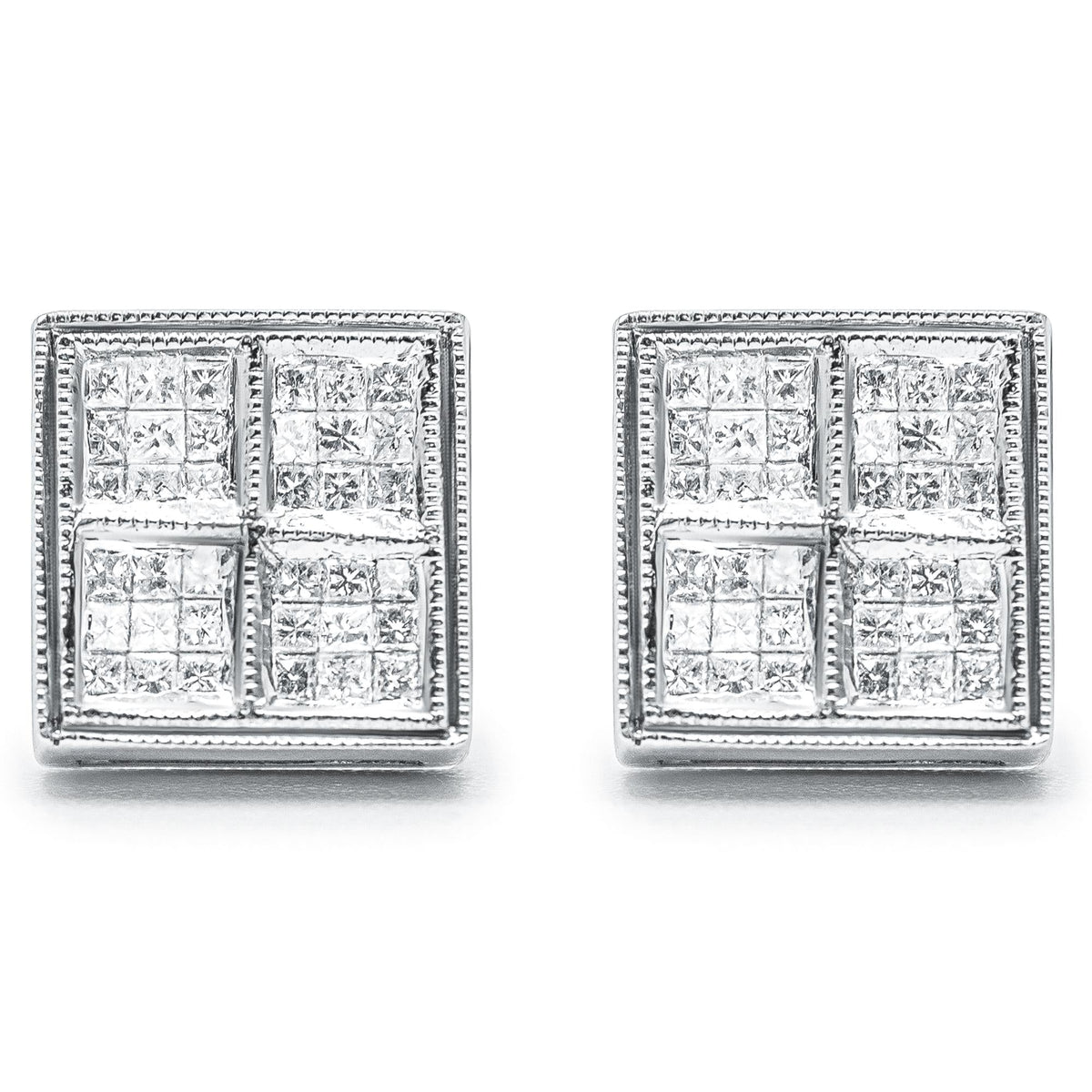14K White Gold 1/2 Cttw Princess Diamond Composite Box Shape Milgrain Stud Earrings (H-I Color, SI1-SI2 Clarity)