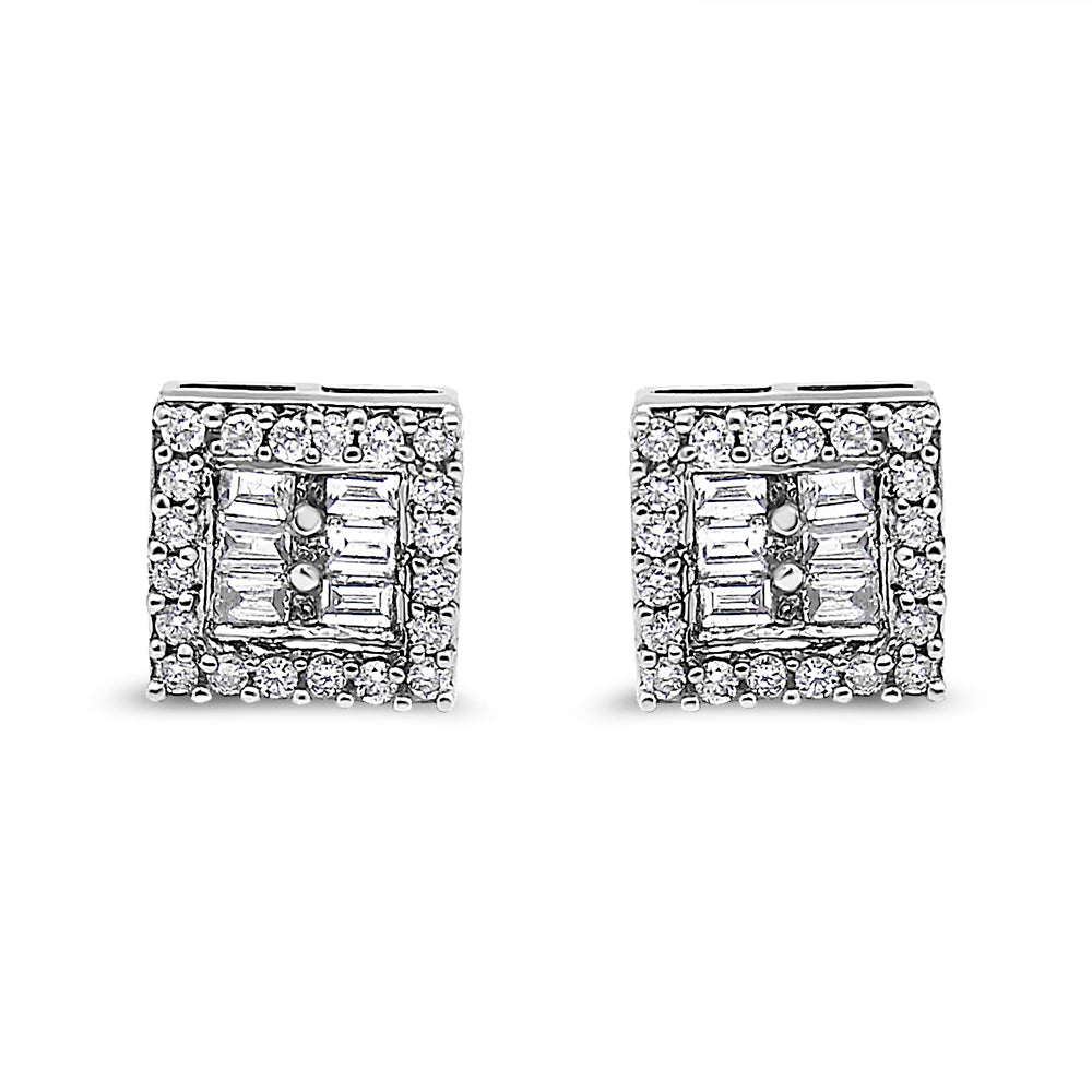 14K White Gold 1 cttw Round and Baguette Diamond Stud Earrings (H-I, SI1-SI2)