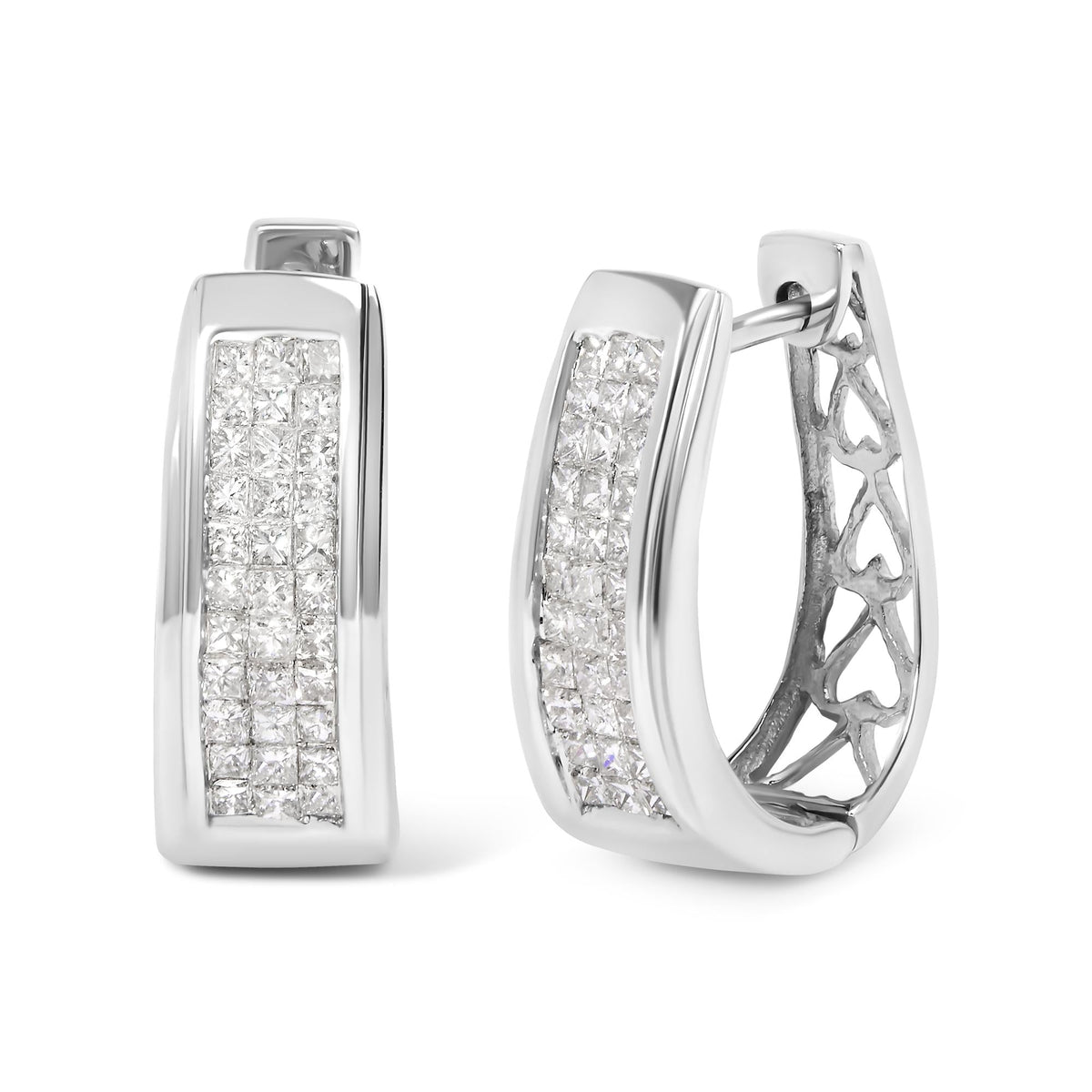 14K White Gold 1.0 Cttw Invisible Set Princess Cut Diamond Huggy Hoop Earrings (H-I Color, VS1-VS2 Clarity)