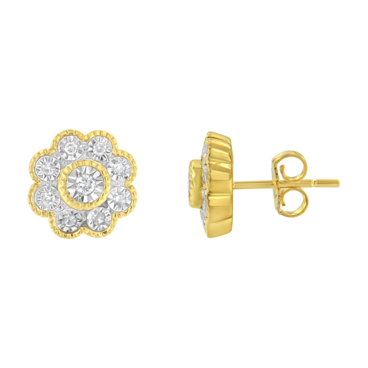 14K Yellow Gold Plated .925 Sterling Silver 1/6 Cttw Miracle-Plate Set Diamond Floral Stud Earrings (I-J Color, I2-I3 Clarity) - JackiEaslick