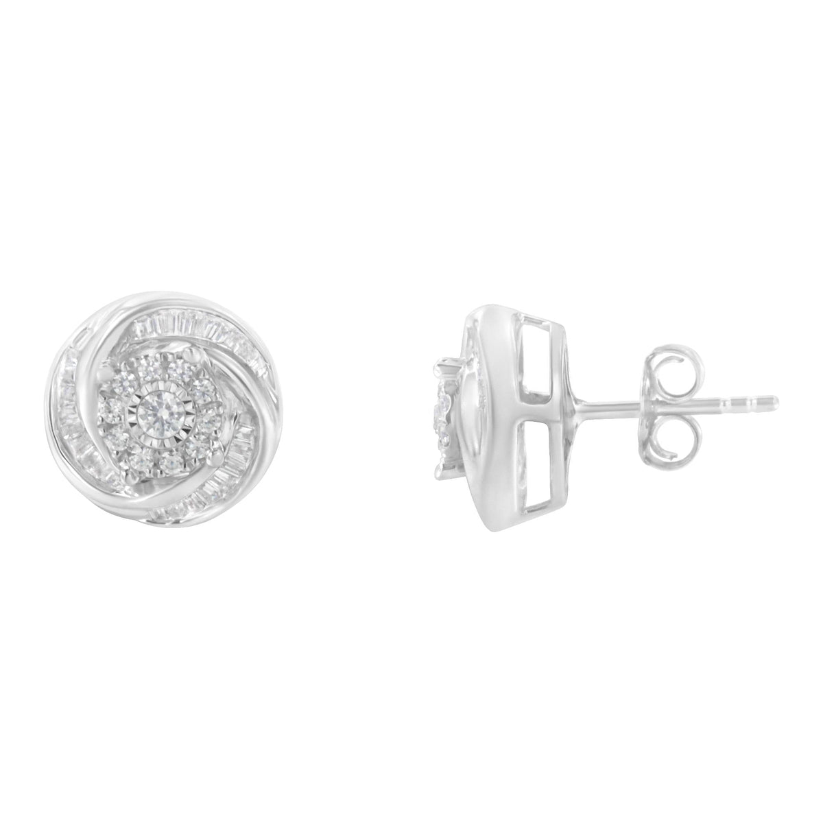 .925 Sterling Silver 3/4 Cttw Round and Baguette-Cut Diamond Love Knot Stud Earring (I-J Color, I2-I3 Clarity)