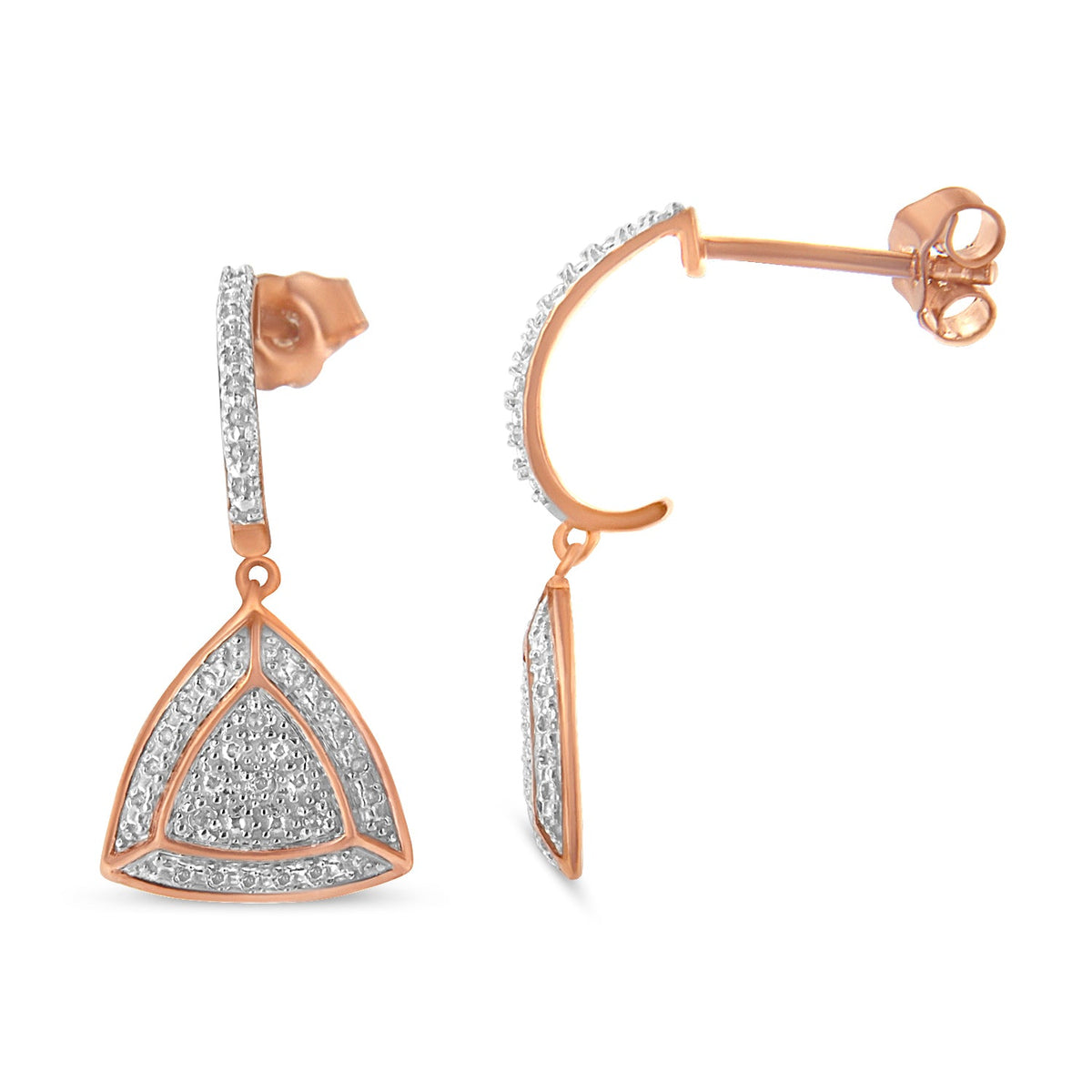 14K Rose Gold Plated .925 Sterling Silver Diamond-Accent Trillion Shaped 4-Stone Halo Style Dangle Earrings (H-I Color, I2-I3 Clarity) - JackiEaslick
