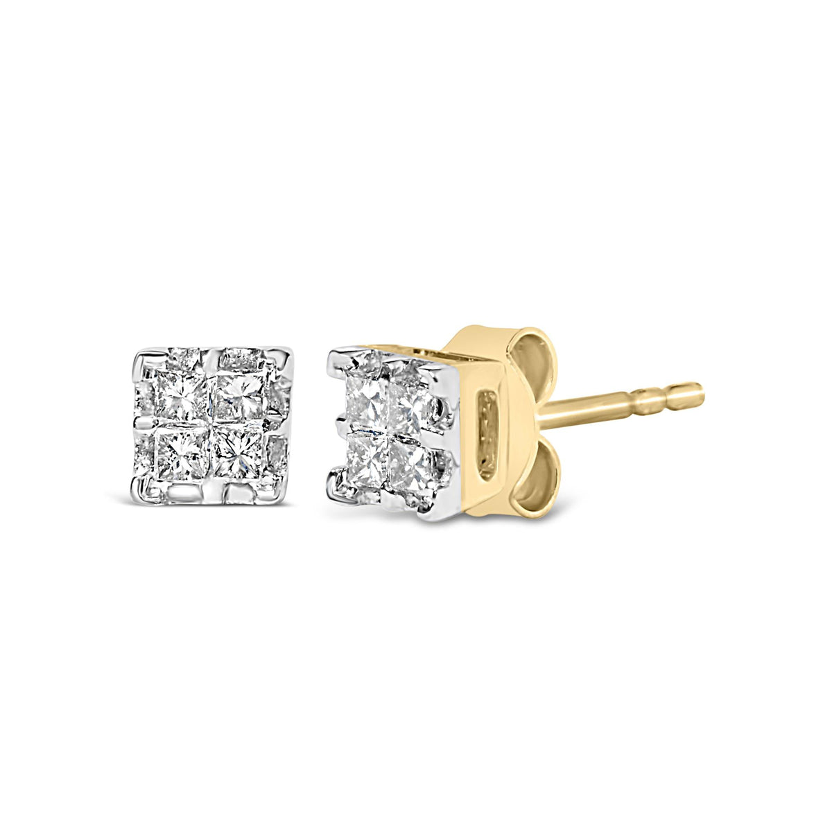 10k Yellow Gold Princess Diamond Quad Stud Earrings (1/4 cttw, J-K Color, I2-I3 Clarity)