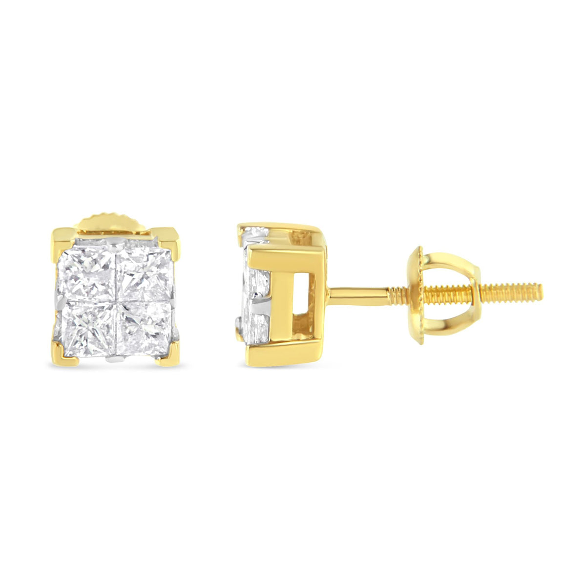 10K Yellow Gold 3/4 Cttw Invisible Set Princess-Cut Diamond Composite Square Stud Earrings (I-J Color, I2-I3 Clarity) - JackiEaslick