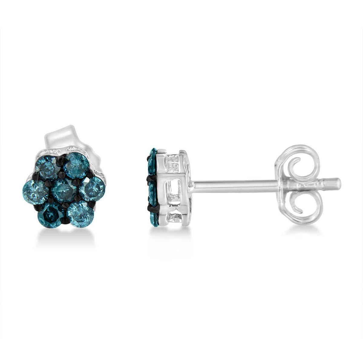 Sterling Silver Treated Blue Diamond Floral Stud Earrings (1/2 cttw, Blue Color, I2-I3 Clarity) - JackiEaslick