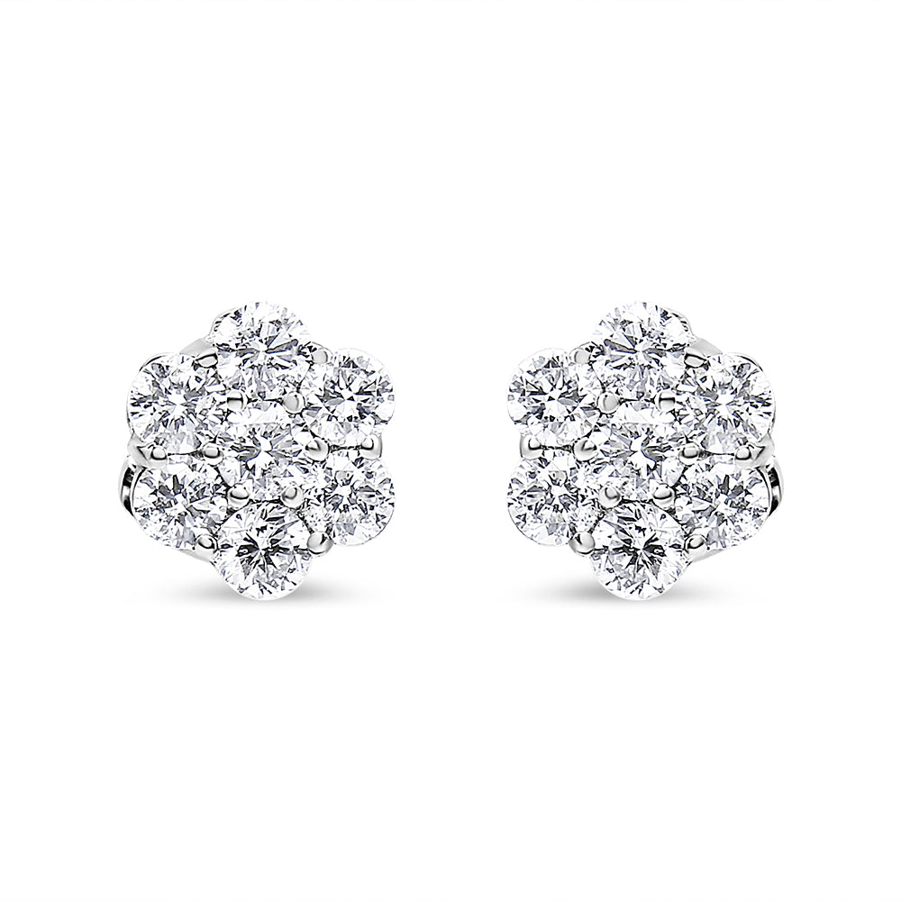 14K White Gold 7 Stone Floral Cluster Round Brilliant Cut Diamond Stud Earrings with Screw Backs(I-J, SI2-I1)