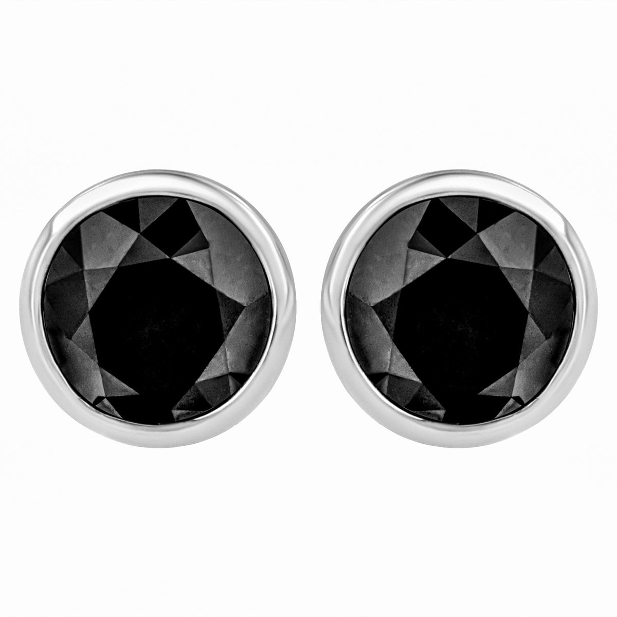 14K White Gold Round Brilliant-Cut Black Diamond Bezel-Set Stud Earrings with Screw Backs (Fancy Color-Enhanced, I2-I3 Clarity)