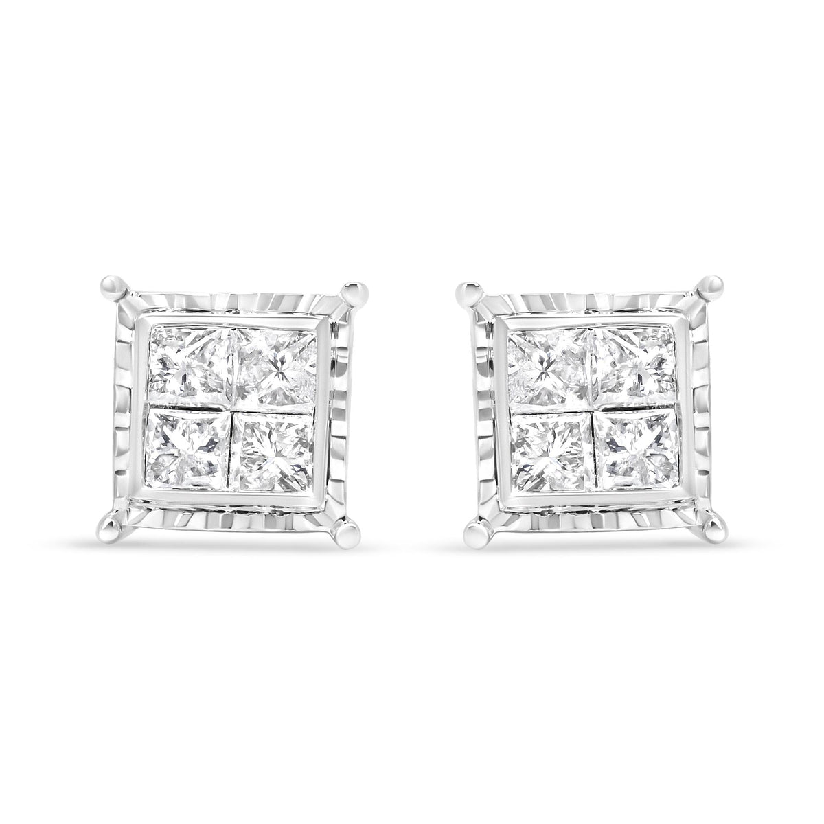 14K White Gold 1 1/2 Cttw Invisible Set Princess-Cut Diamond Contemporary Wavy Quad Stud Earrings (I-J Color, I1-I2 Clarity)