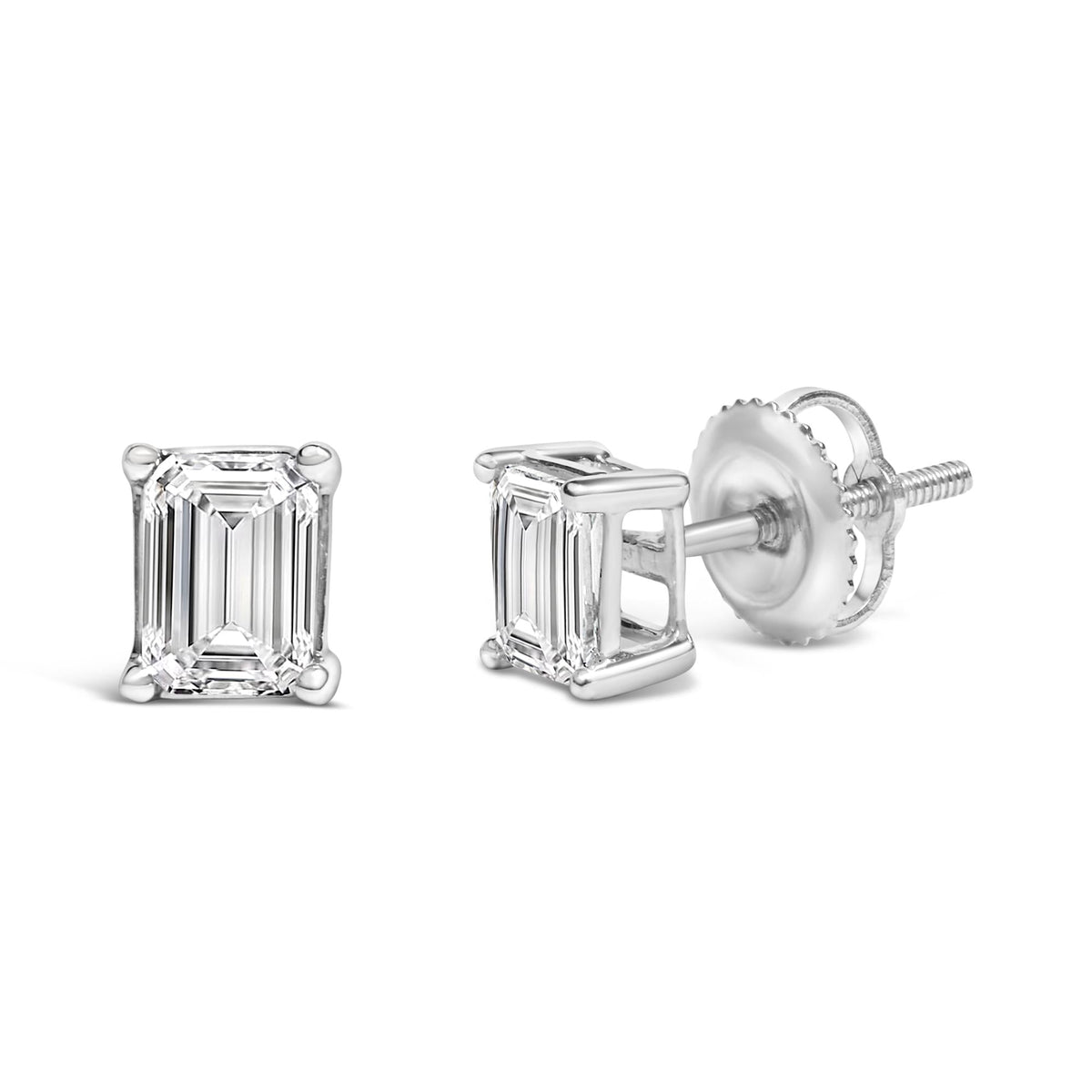14K White Gold Emerald Cut Lab-Grown Diamond Solitaire Stud Earrings (F-G Color, VS1-VS2 Clarity)
