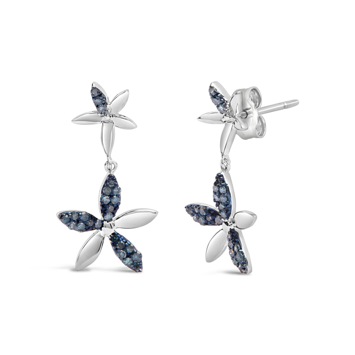 .925 Sterling Silver 1/5ct Cttw Blue Diamond Double Star Drop and Dangle Earrings (Blue Color, SI1-SI2 Clarity)