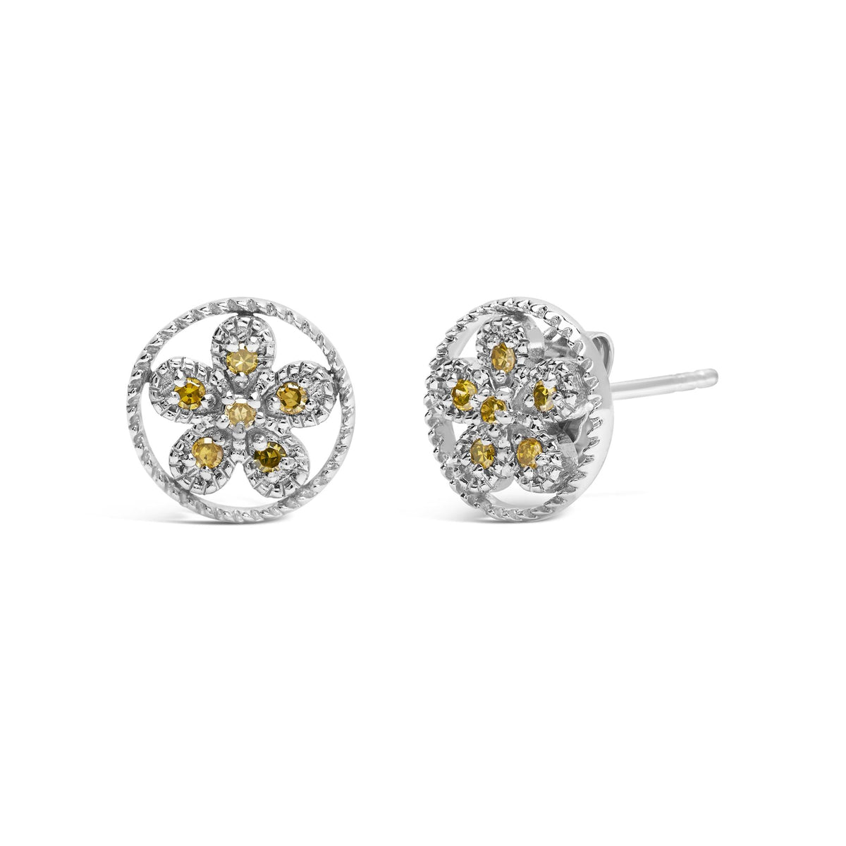 .925 Sterling Silver Yellow Diamond Accent Star and Wheel Milgrain Style Stud Earrings (Yellow Color, I2-I3 Clarity)